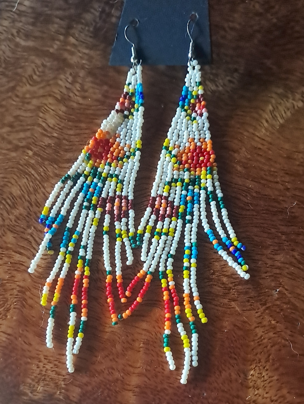 Handmade White Base Multicolor Seed Bead Fringe Earrings